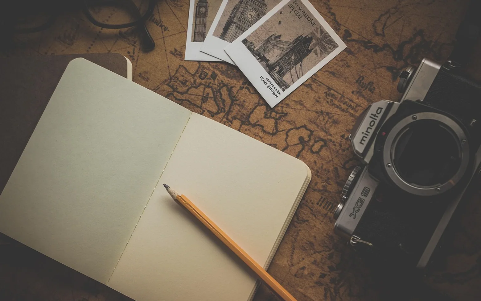 Notebook, camera and map