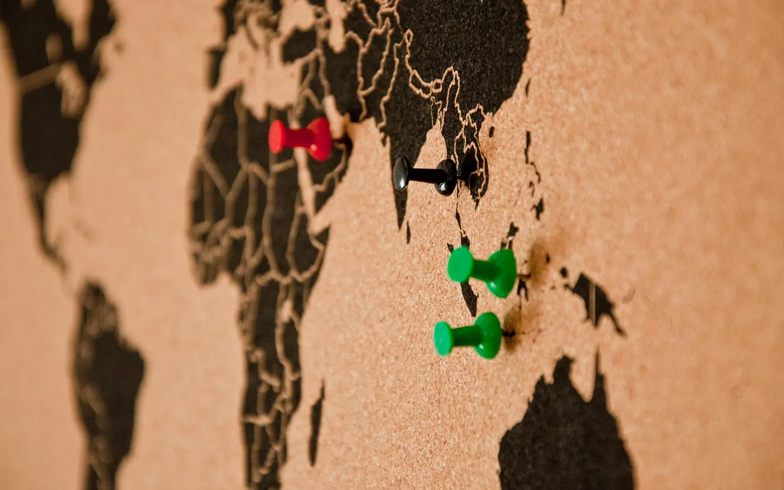 Bulletin board, pin board and map of the world